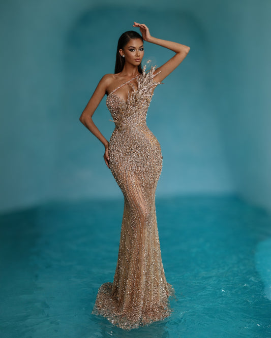 Champagne Gold One-Shoulder Crystal Corset Gown with Sculptural Detailing
