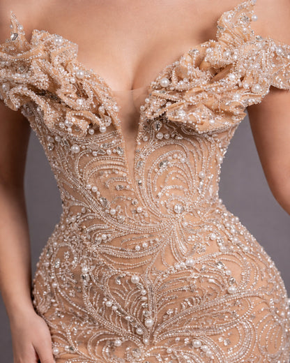 Champagne Crystal Corset Dress with Floral Appliqué