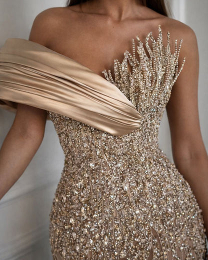 Champagne Crystal Off-Shoulder Column Dress