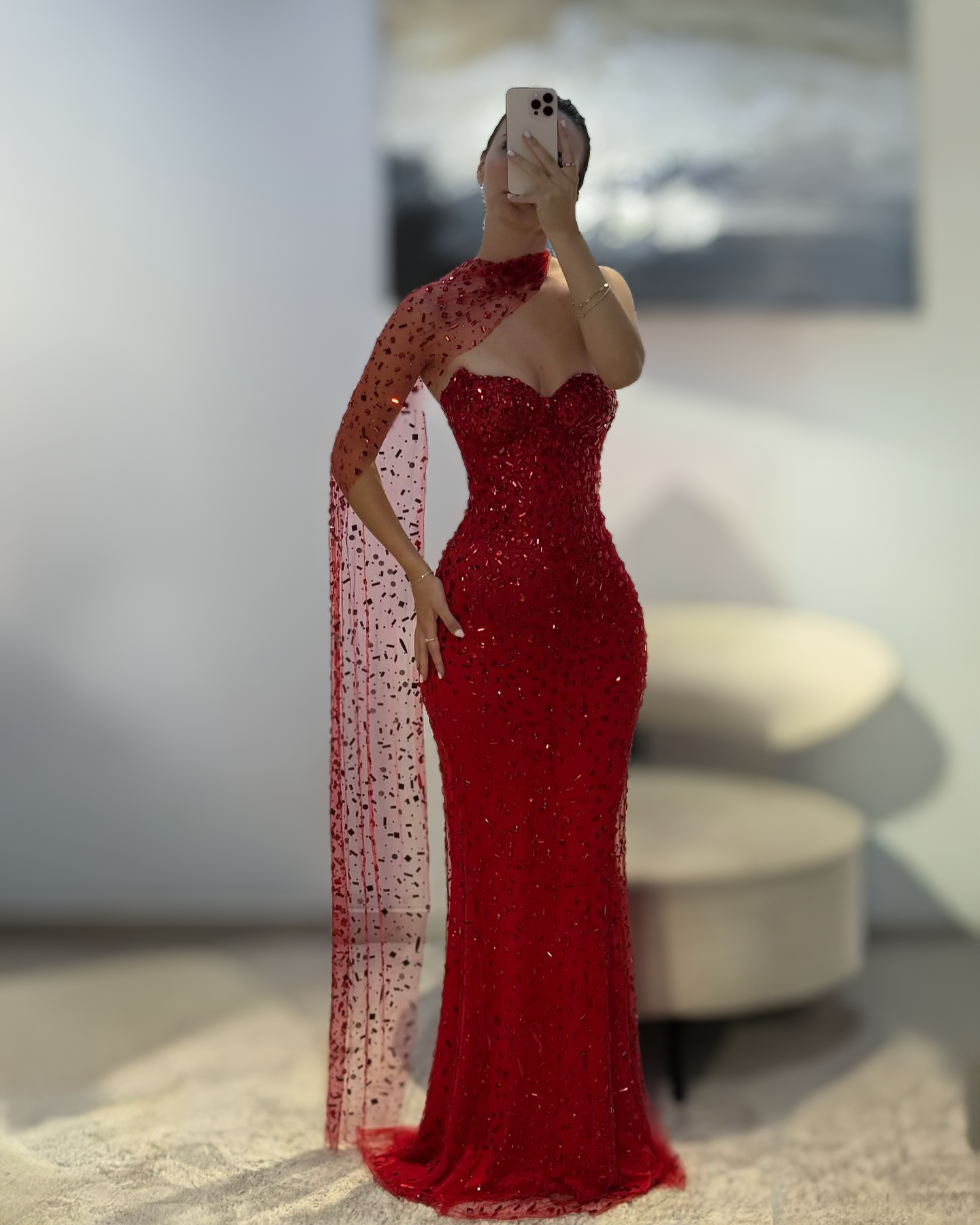 Ruby Red Crystal Mermaid Gown With Illusion Drape