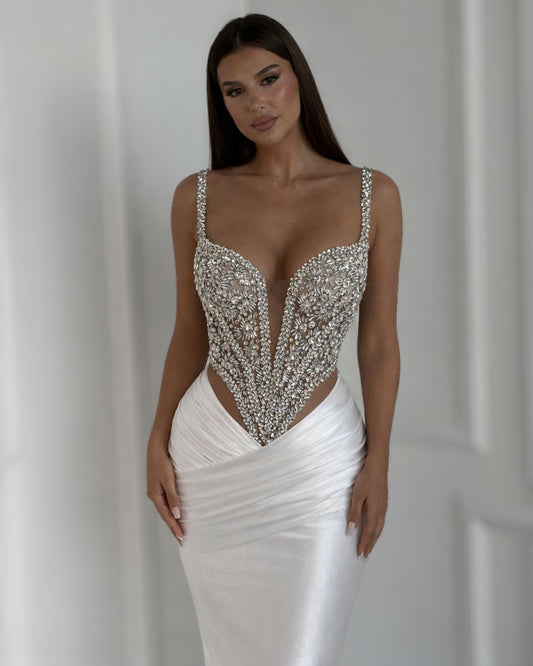White Crystal Corset Column Gown – Two-Piece Couture Set