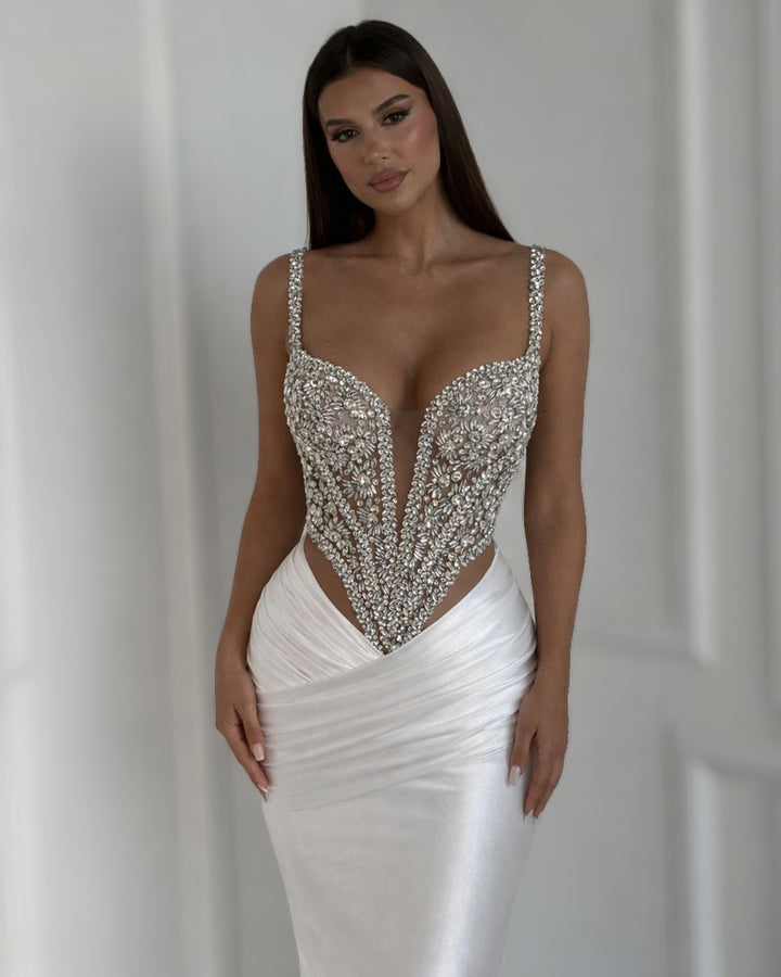 White crystal corset column bridal gown two-piece couture set