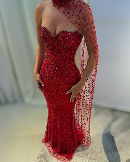 Ruby Red Crystal Mermaid Gown With Illusion Drape