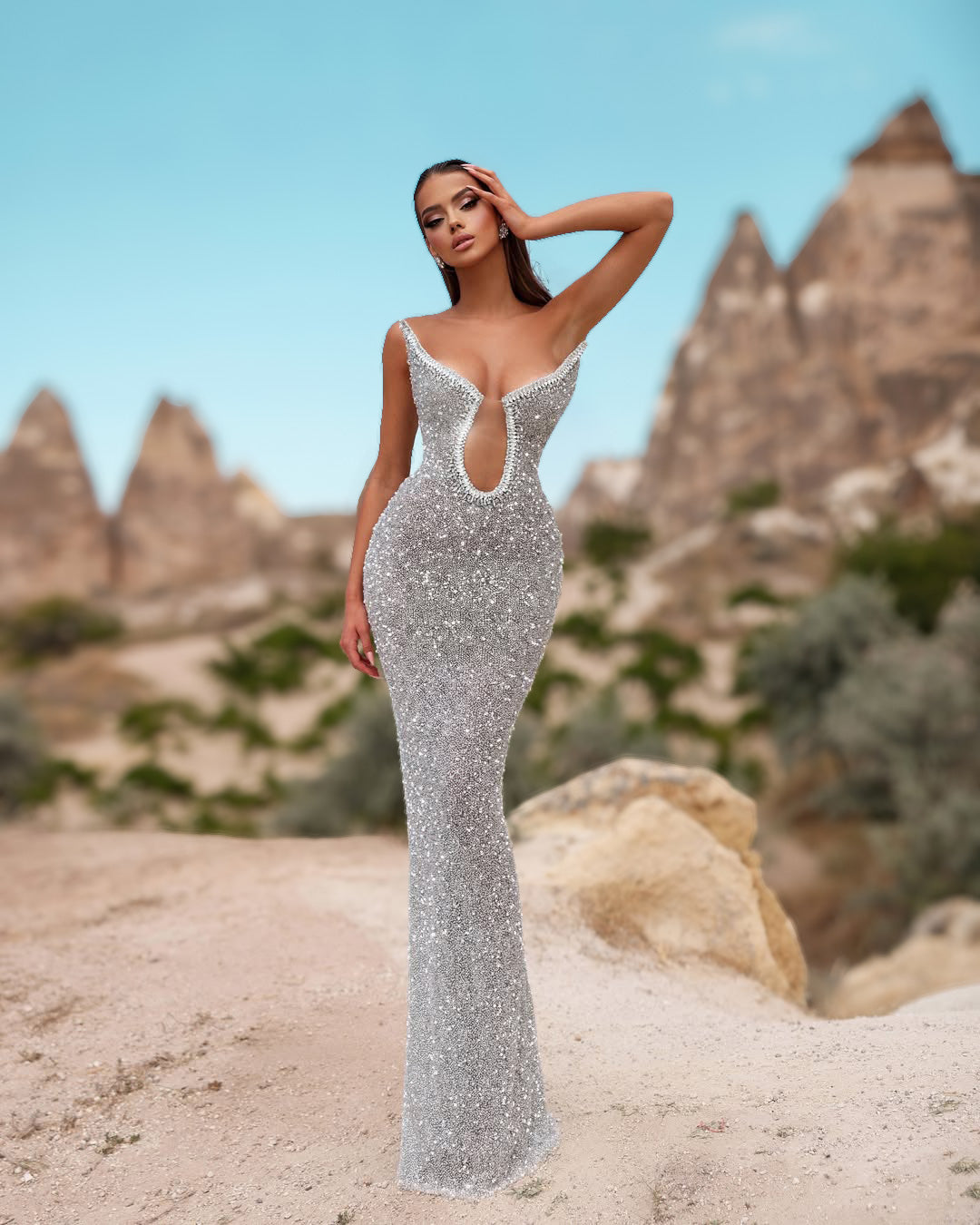 Silver Crystal Cutout Corset Evening Gown