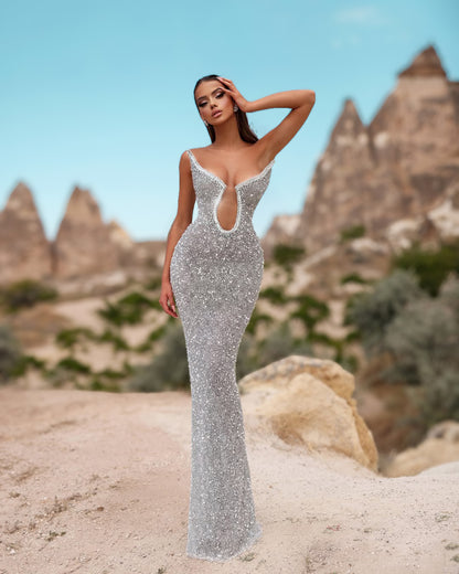 Silver Crystal Cutout Corset Evening Gown