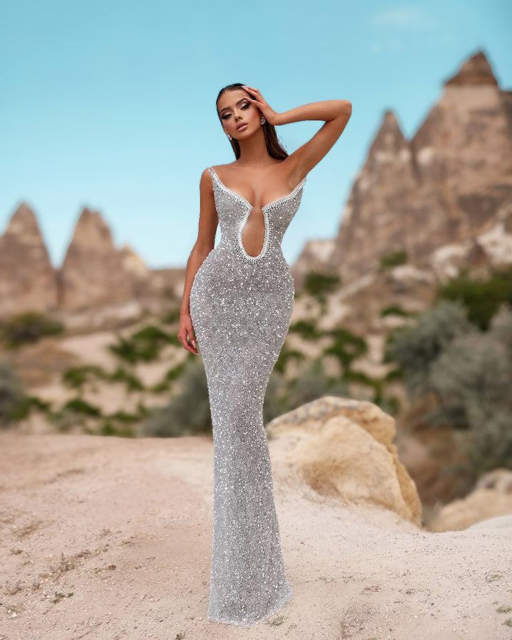 Silver Crystal Cutout Corset Evening Gown