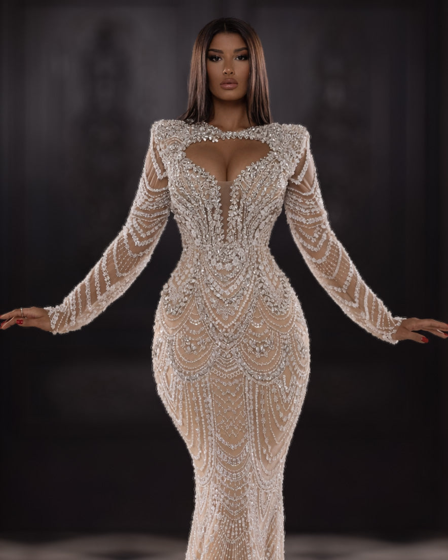 Champagne Crystal Corset Evening Dress