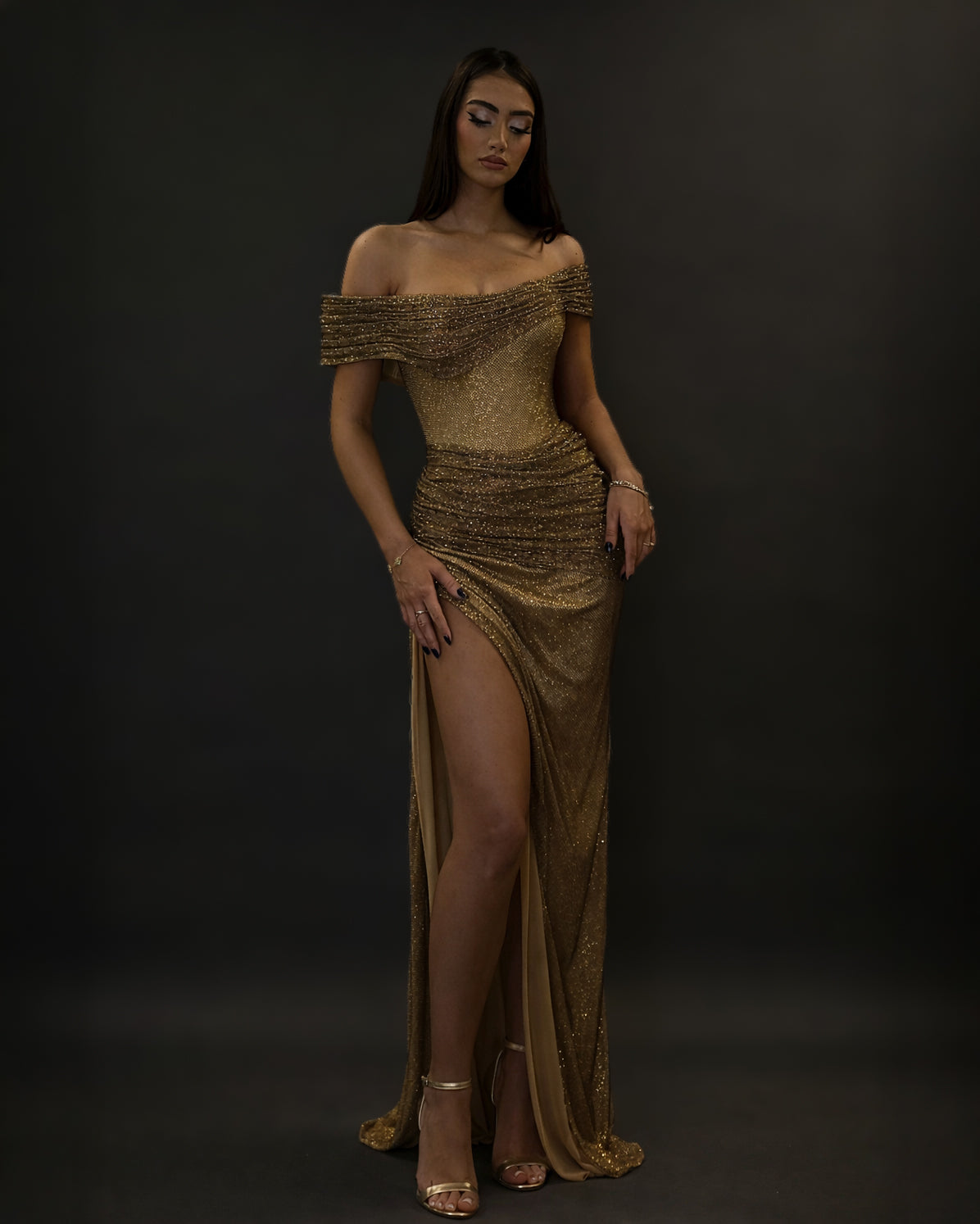 Gold Crystal Off-Shoulder Corset Evening Dress