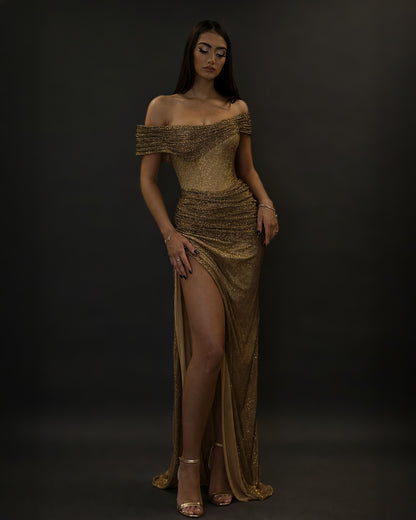 Gold Crystal Off-Shoulder Corset Evening Dress