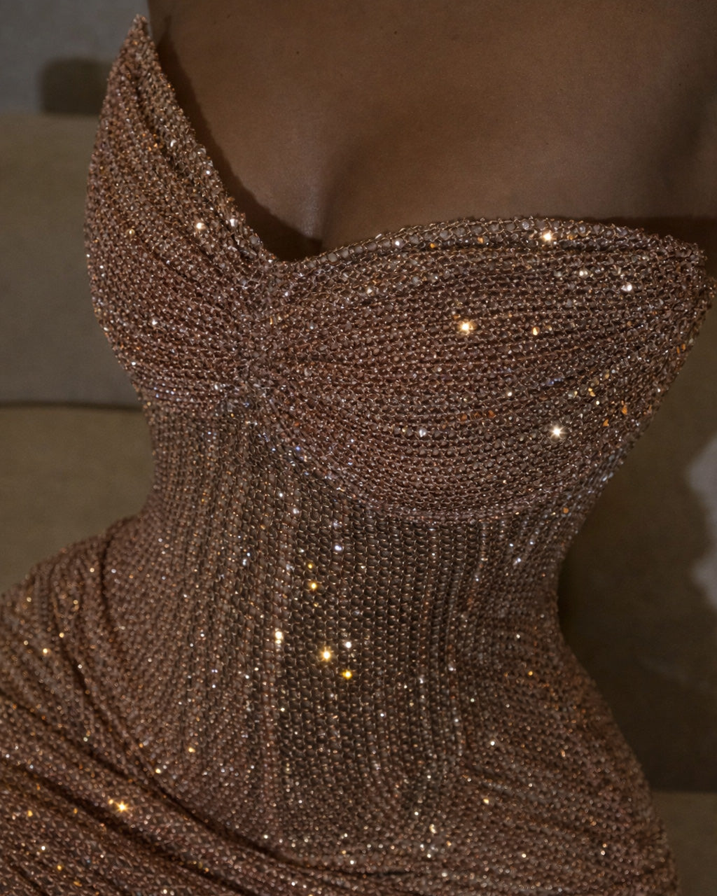 Champagne Crystal Corset Slit Evening Dress