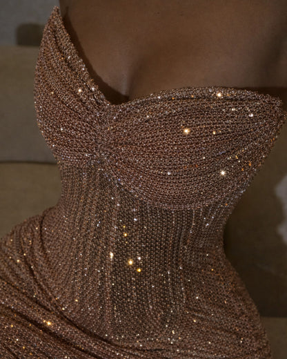 Champagne Crystal Corset Slit Evening Dress