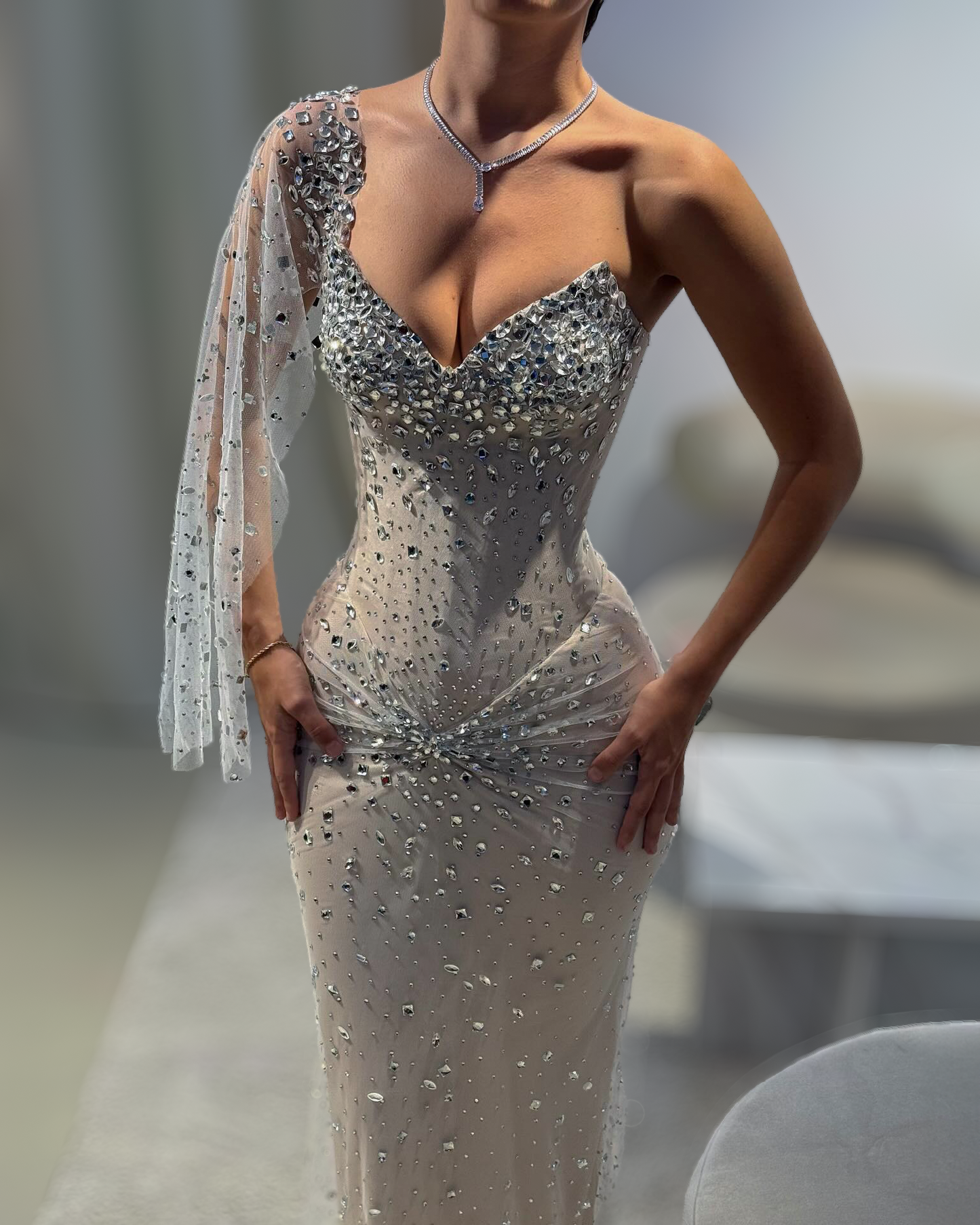 Silver Crystal One Shoulder Couture Gown