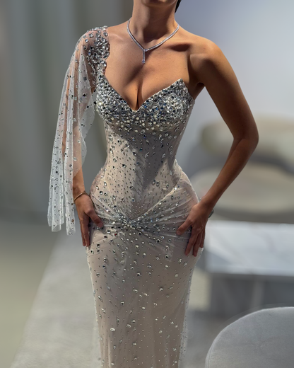 Silver Crystal One Shoulder Couture Gown