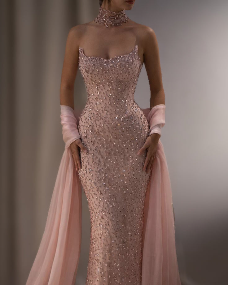 Blush Beaded Corset Column Gown