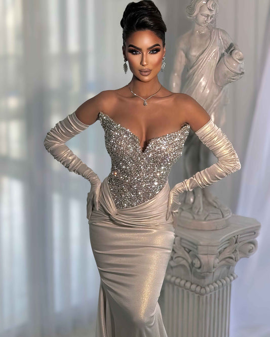 Ivory Silver Crystal Corset Mermaid Gown with Satin Gloves