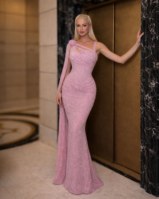 Blush Pink Crystal One-Shoulder Draped Mermaid Gown