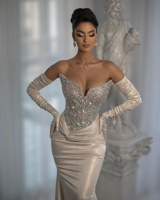 Champagne Crystal Corset Mermaid Evening Gown with Satin Gloves