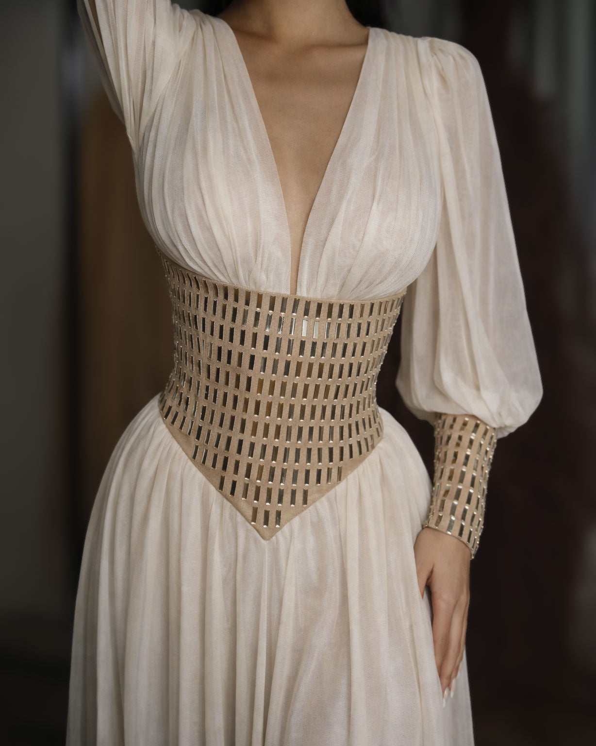 Champagne Chiffon Gown with Gold Corset Waist and Long Sleeves
