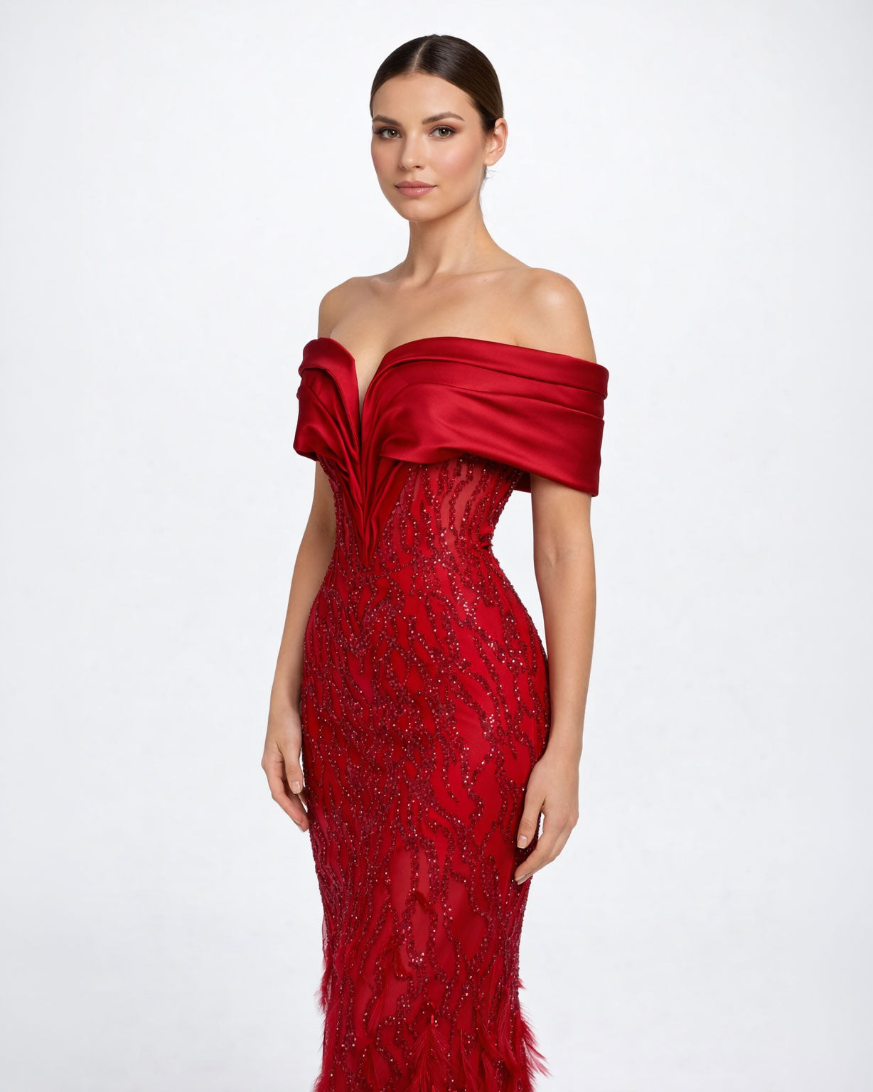 Red Off-Shoulder Embellished Evening Gown