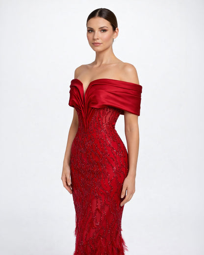 Red Off-Shoulder Embellished Evening Gown