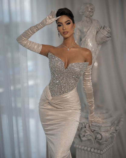 Champagne Crystal Corset Mermaid Evening Gown with Satin Gloves