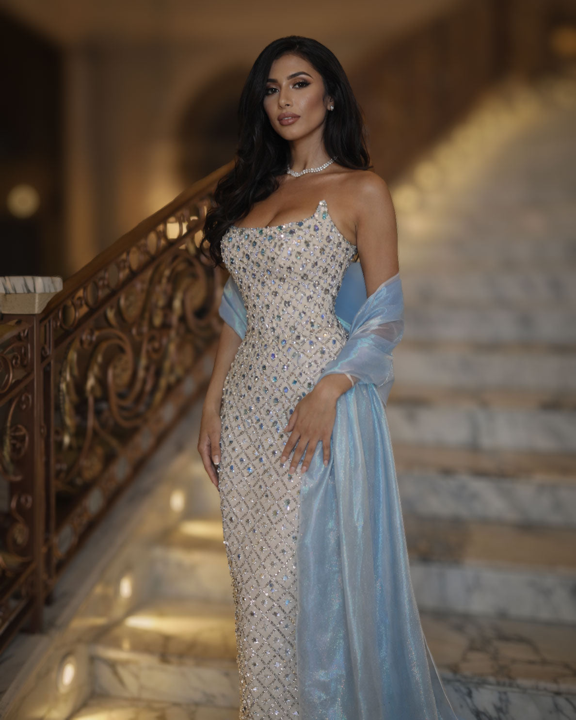 Champagne Crystal Corset Gown with Blue Sheer Drape Train