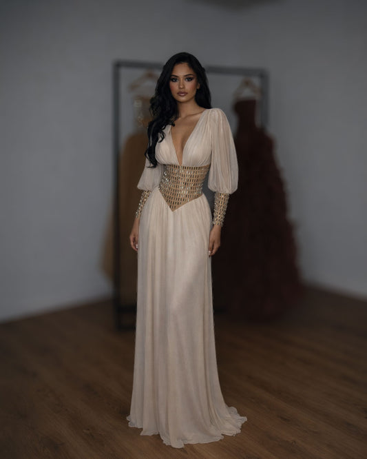Champagne Chiffon Gown with Gold Corset Waist and Long Sleeves