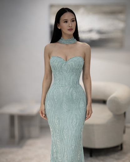 Mint Beaded Strapless Column Gown with Choker Neck Detail