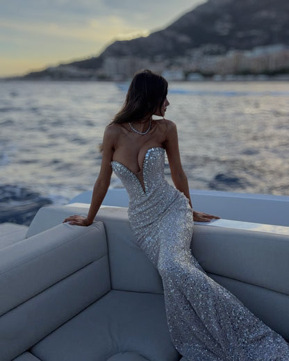 Silver Crystal Draped Strapless Corset Gown