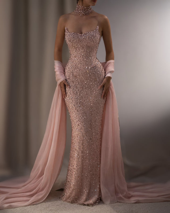 Blush beaded corset column gown