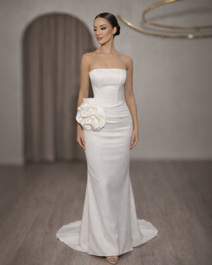 Ivory Strapless Column Bridal Gown with Sculpted Floral Accent