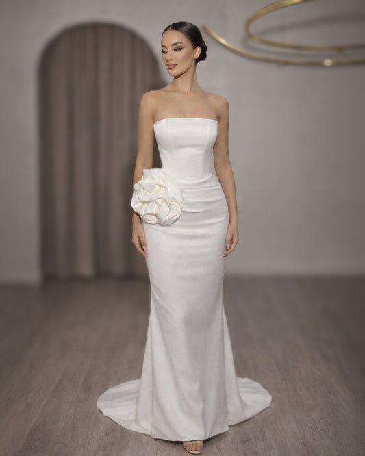 Ivory Strapless Column Bridal Gown with Sculpted Floral Accent