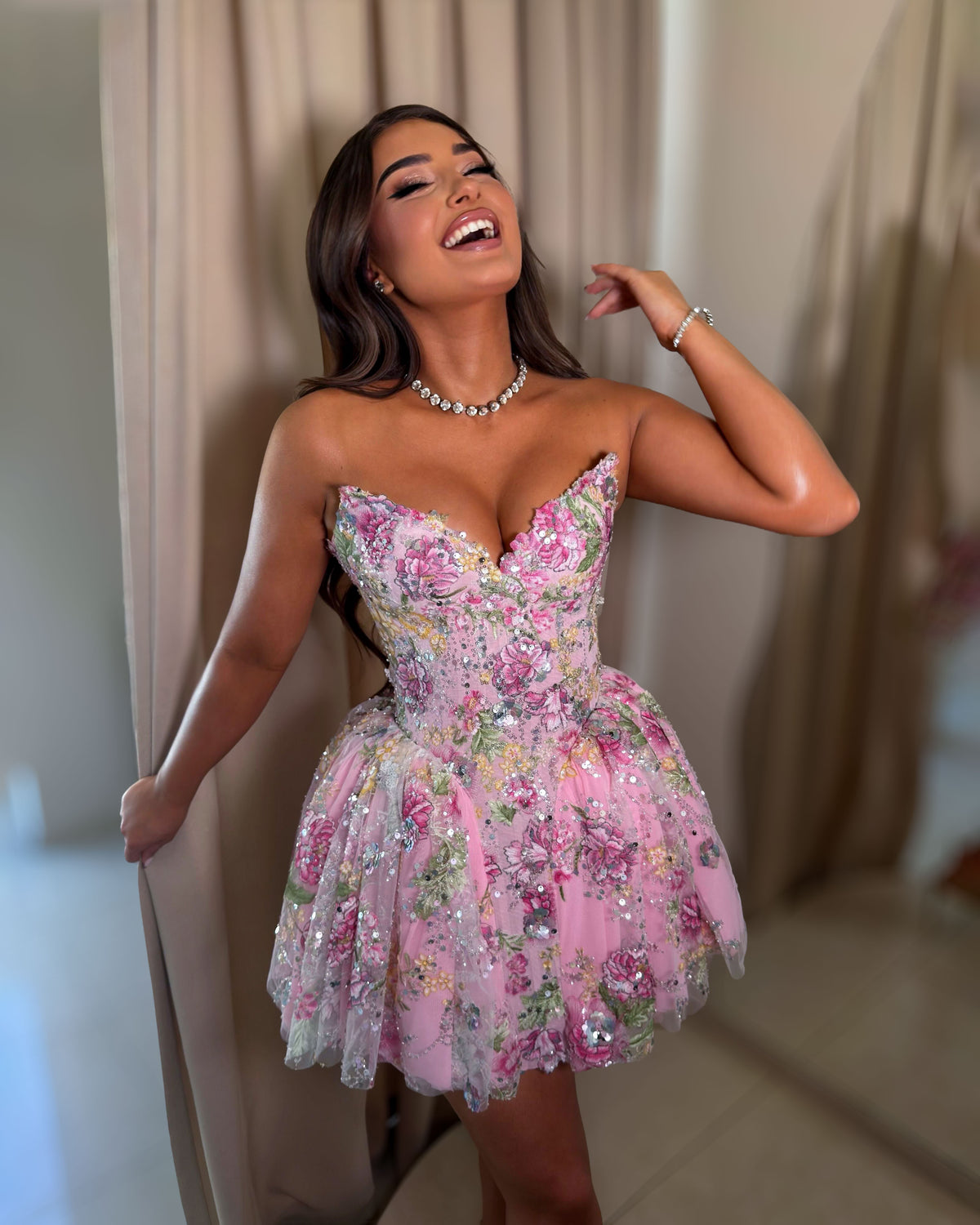 Pink Floral Embellished Corset Mini Dress