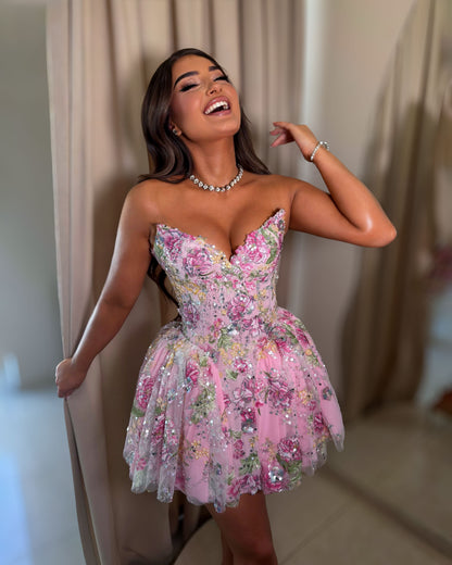 Pink Floral Embellished Corset Mini Dress