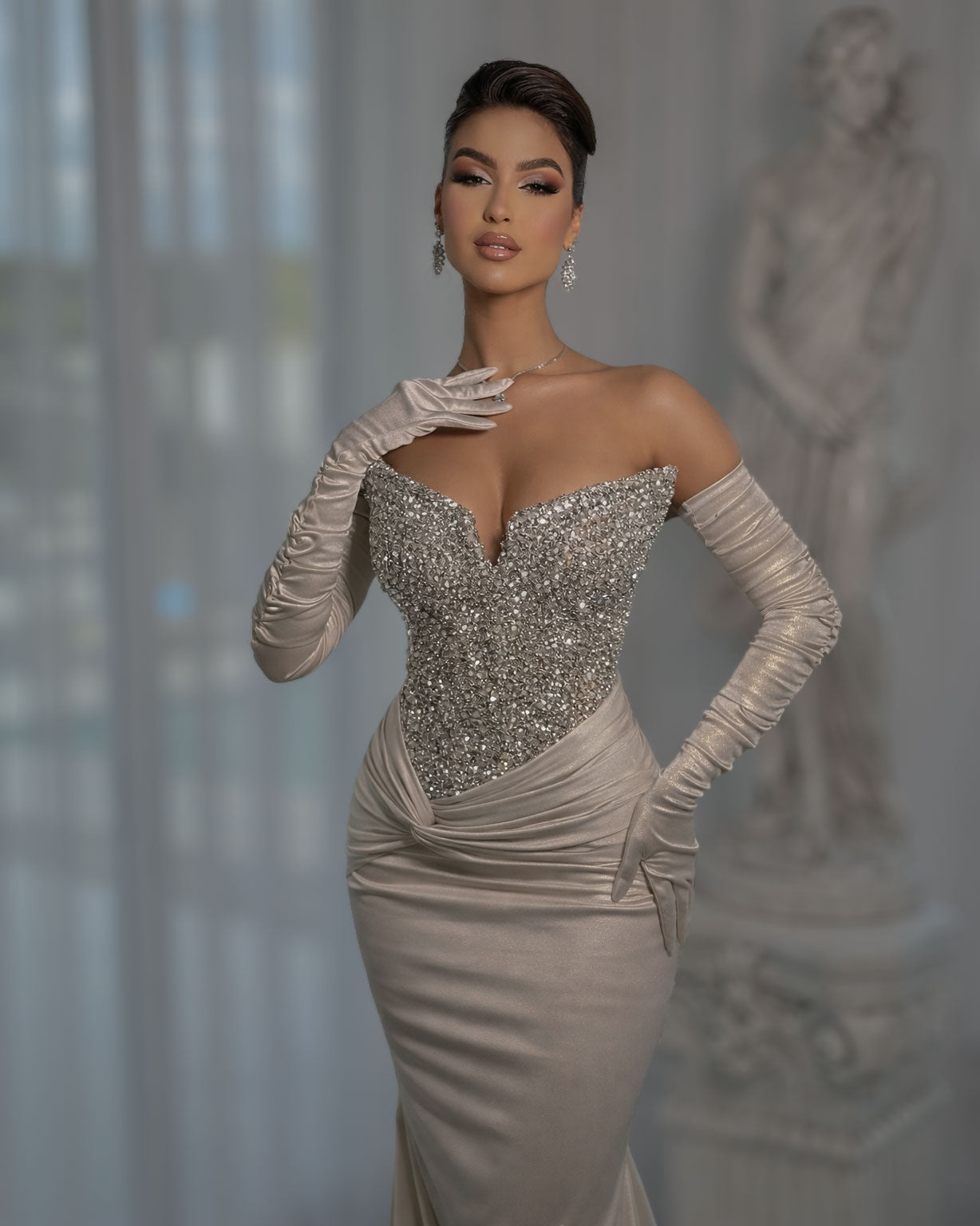 Champagne Crystal Corset Mermaid Evening Gown with Satin Gloves