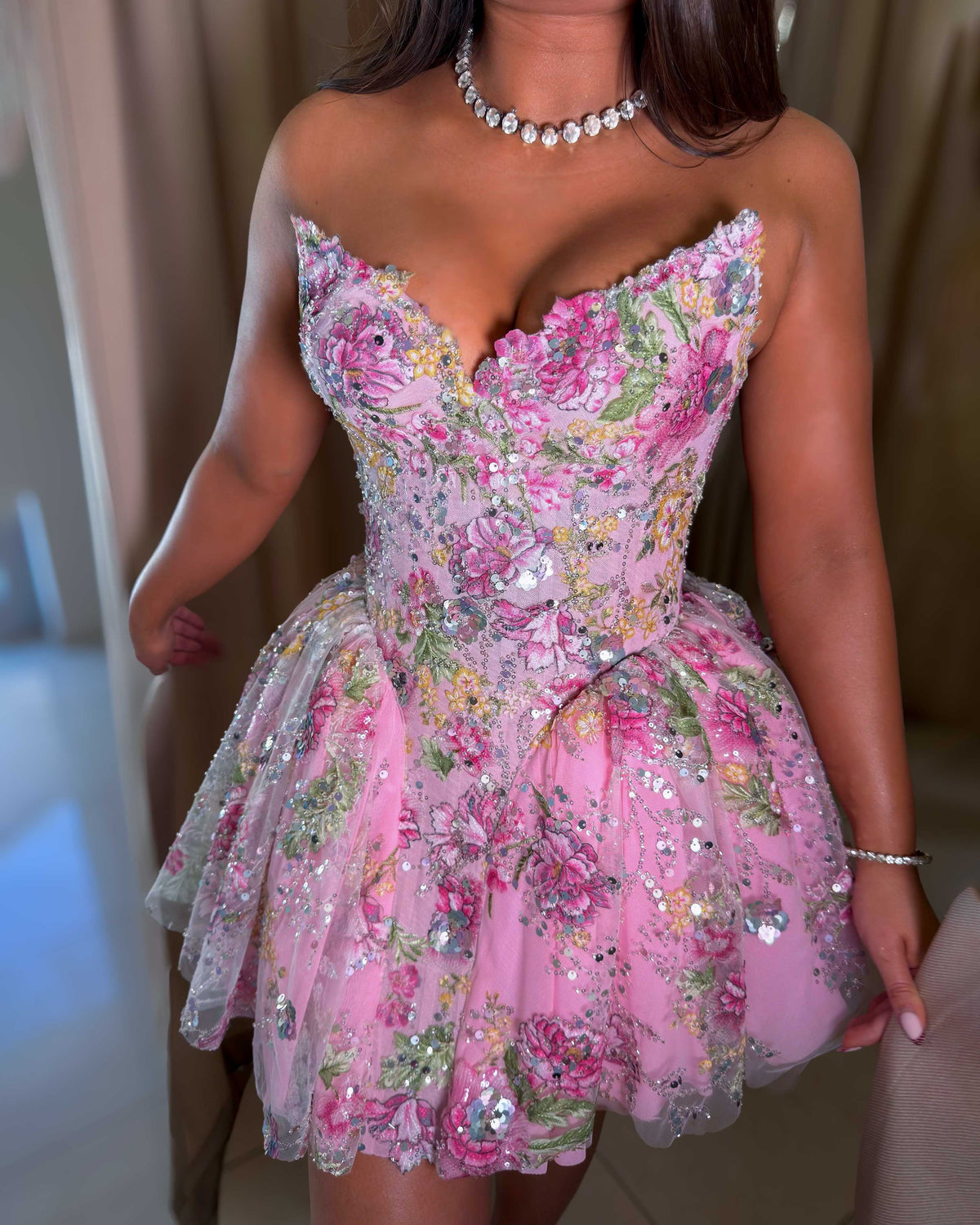 Pink Floral Embellished Corset Mini Dress