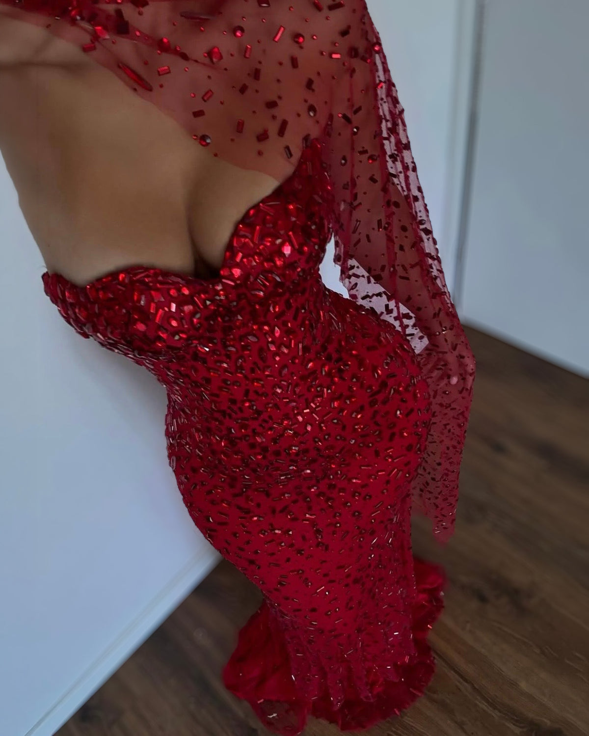 Red Crystal Beaded One-Shoulder Corset Gown