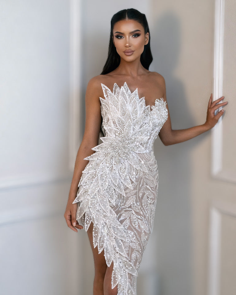 Ivory Crystal Strapless Bridal Dress with Asymmetrical Train