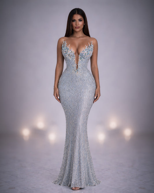 Ice Blue Crystal Beaded Illusion Evening Gown