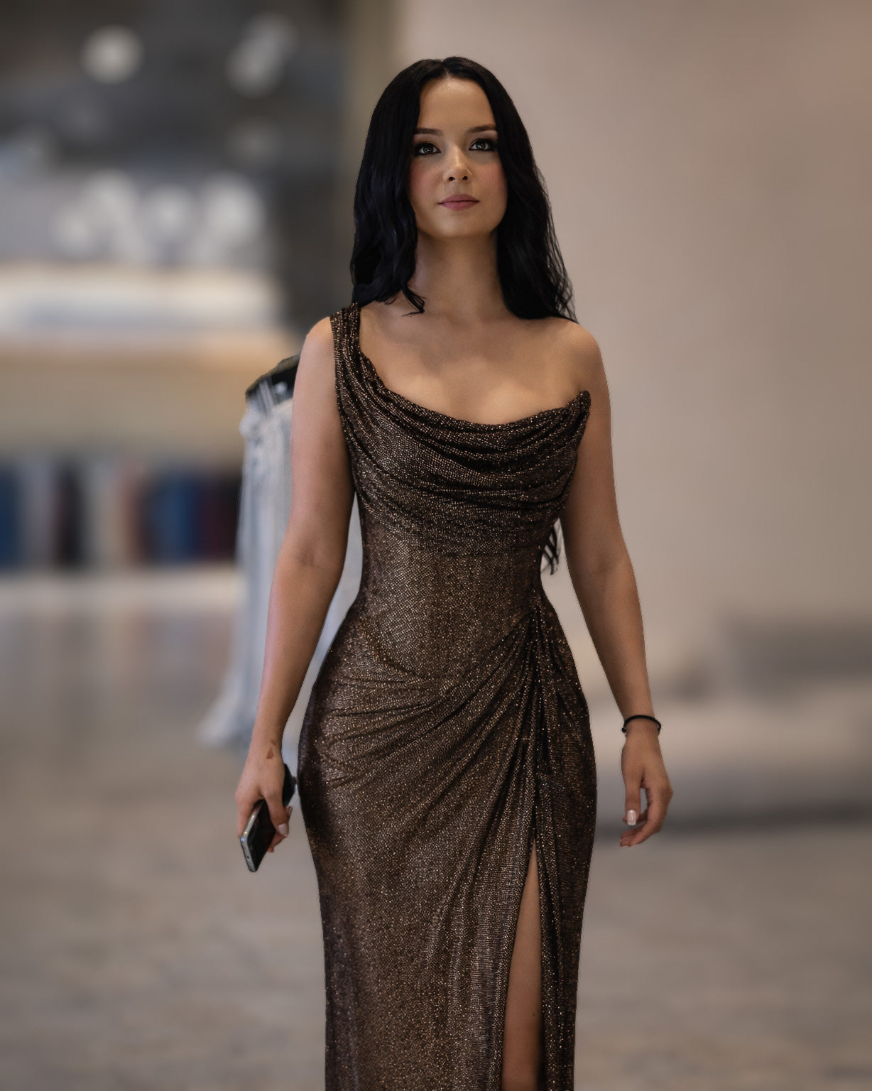 Chocolate Brown Shimmer Fitted Evening Gown