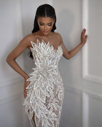 Ivory Crystal Strapless Bridal Dress with Asymmetrical Train