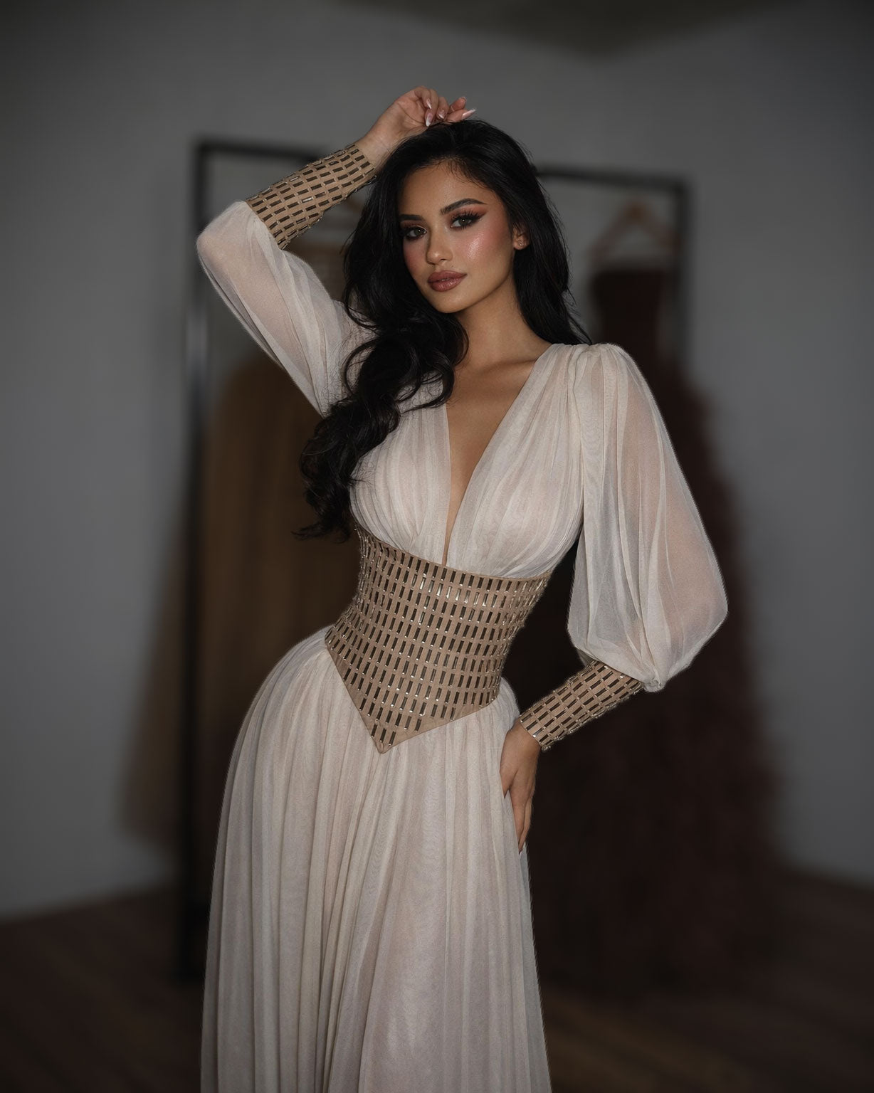 Champagne Chiffon Gown with Gold Corset Waist and Long Sleeves