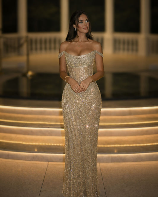 Gold Sequin Off-Shoulder Gown with Draped Bodice