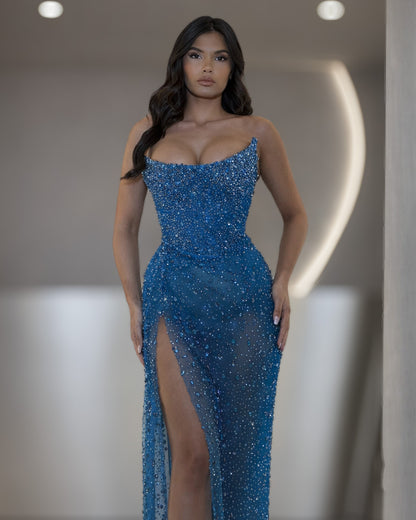 Teal Crystal Slit Dress