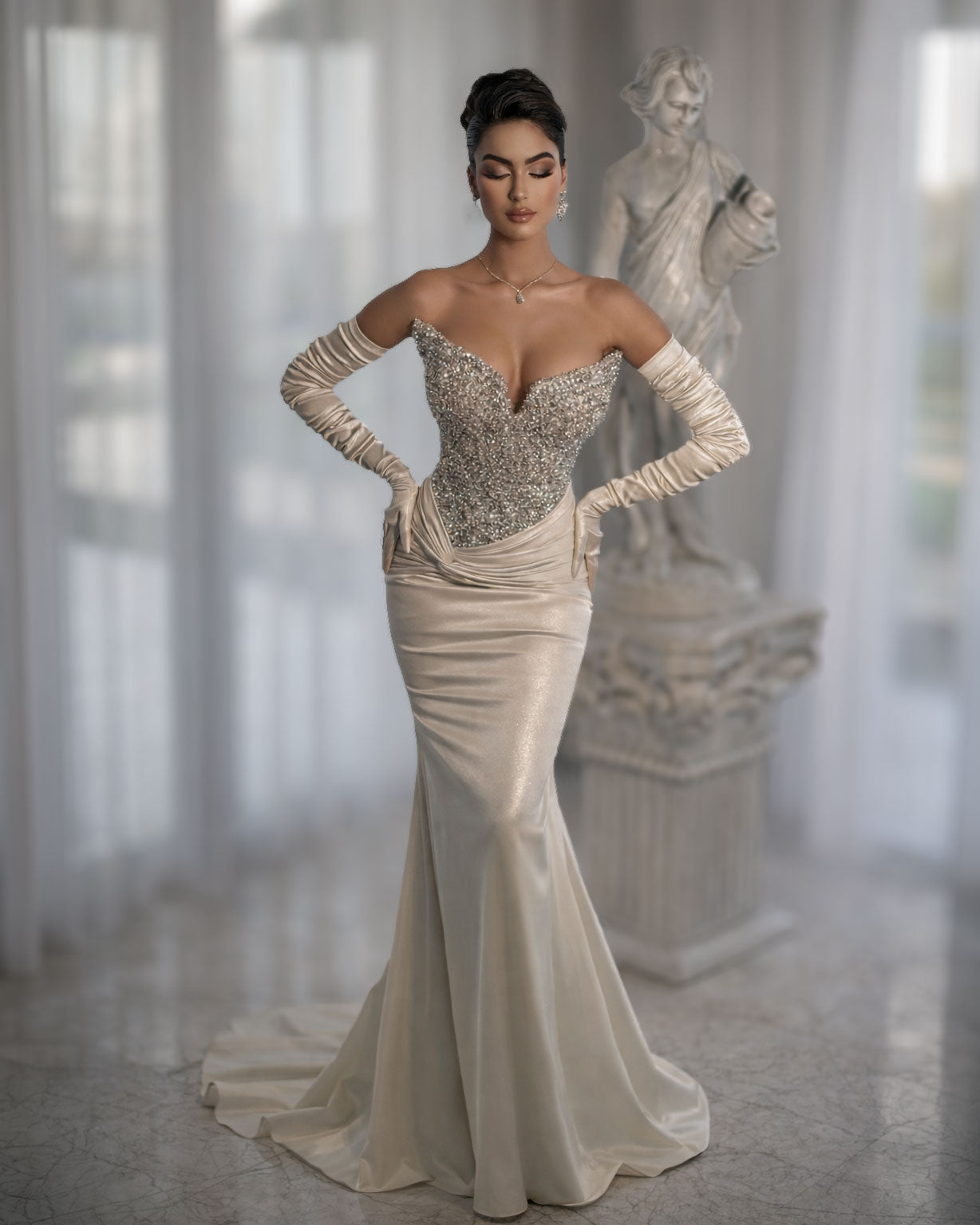 Champagne Crystal Corset Mermaid Evening Gown with Satin Gloves