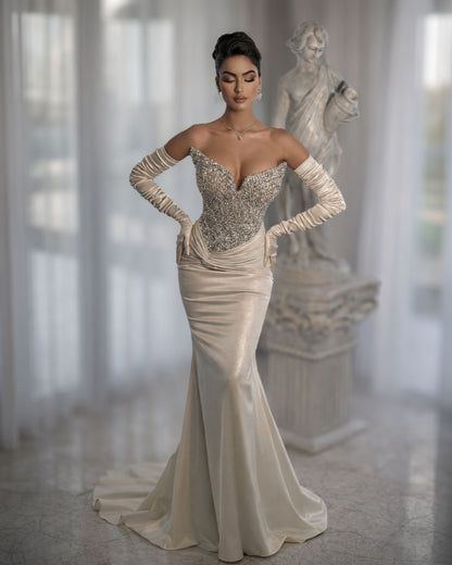 Champagne Crystal Corset Mermaid Evening Gown with Satin Gloves