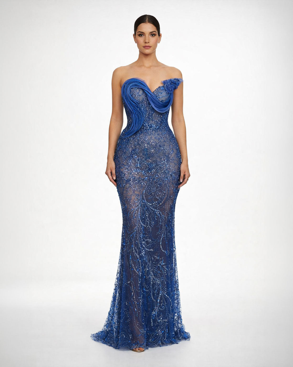 Royal Blue Embellished Strapless Evening Gown