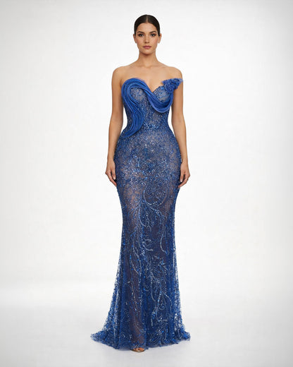 Royal Blue Embellished Strapless Evening Gown