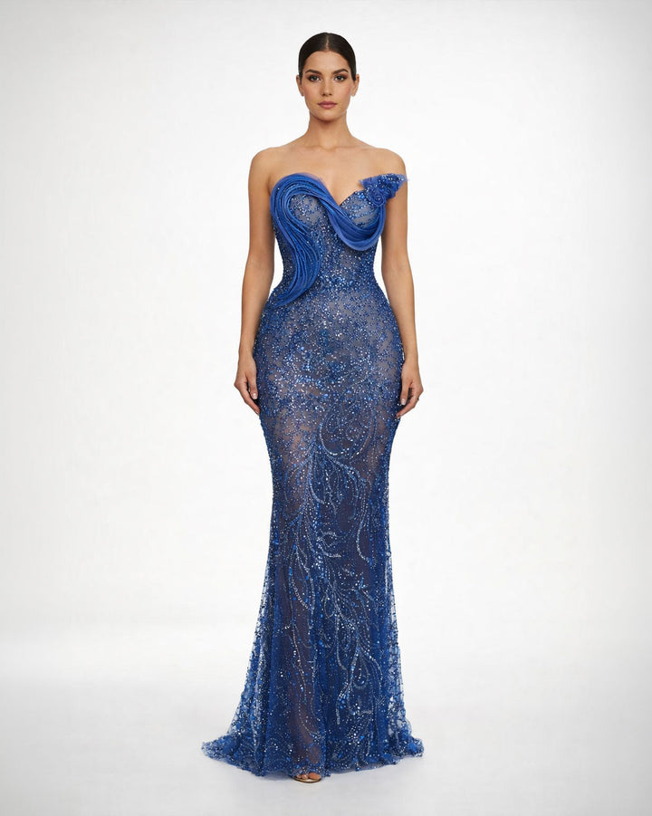 Royal blue embellished strapless evening gown