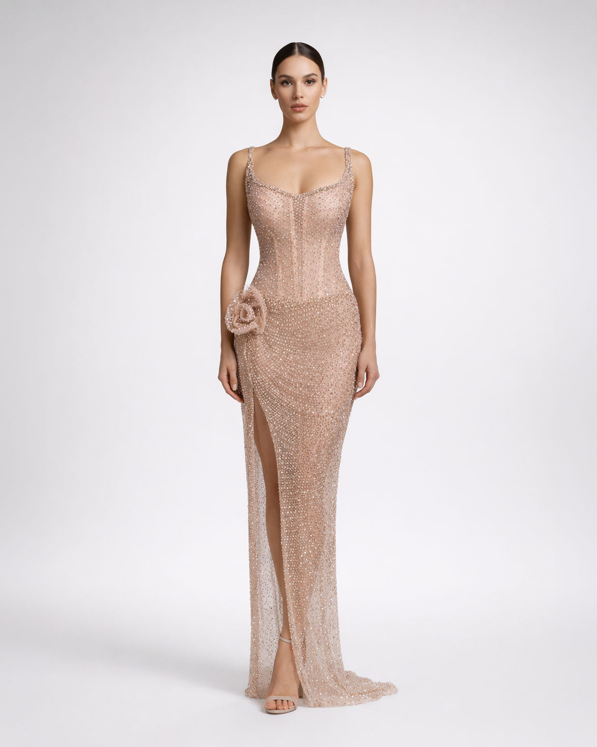 Nude Crystal Rose Draped Illusion Gown